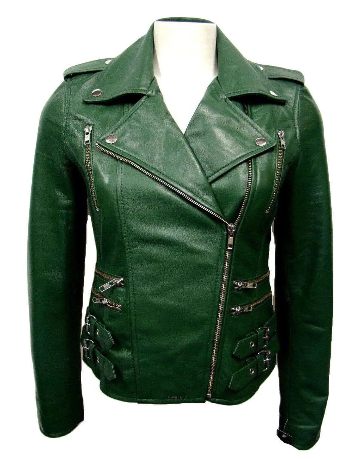 Mens Genuine Zipper Belted Leather Quilted Motorcycle Green Jacket Slim fit Biker Jacket