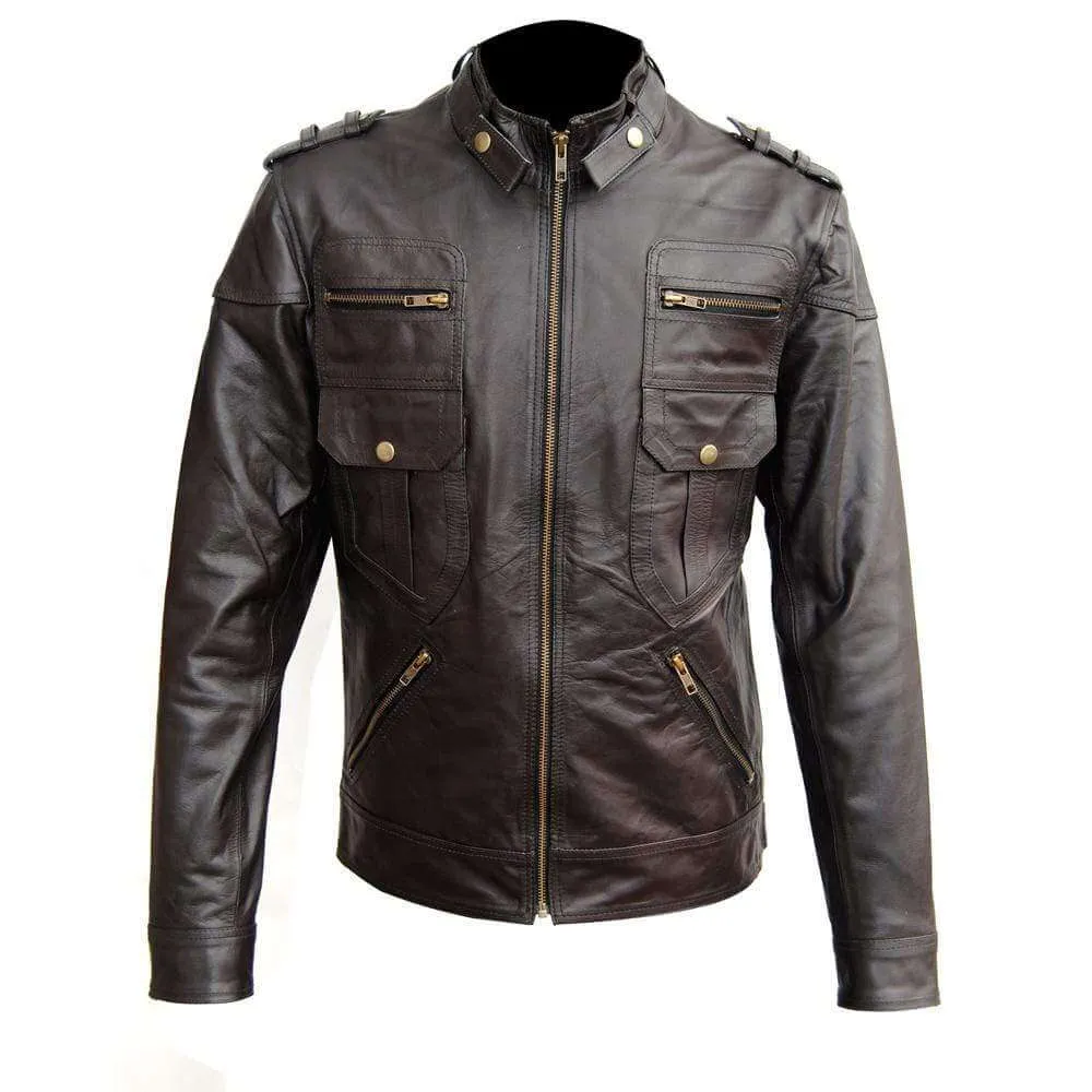 Men's Genuine Zipper Button Leather Quilted Motorcycle Brown Jacket Slim fit Biker Jacket