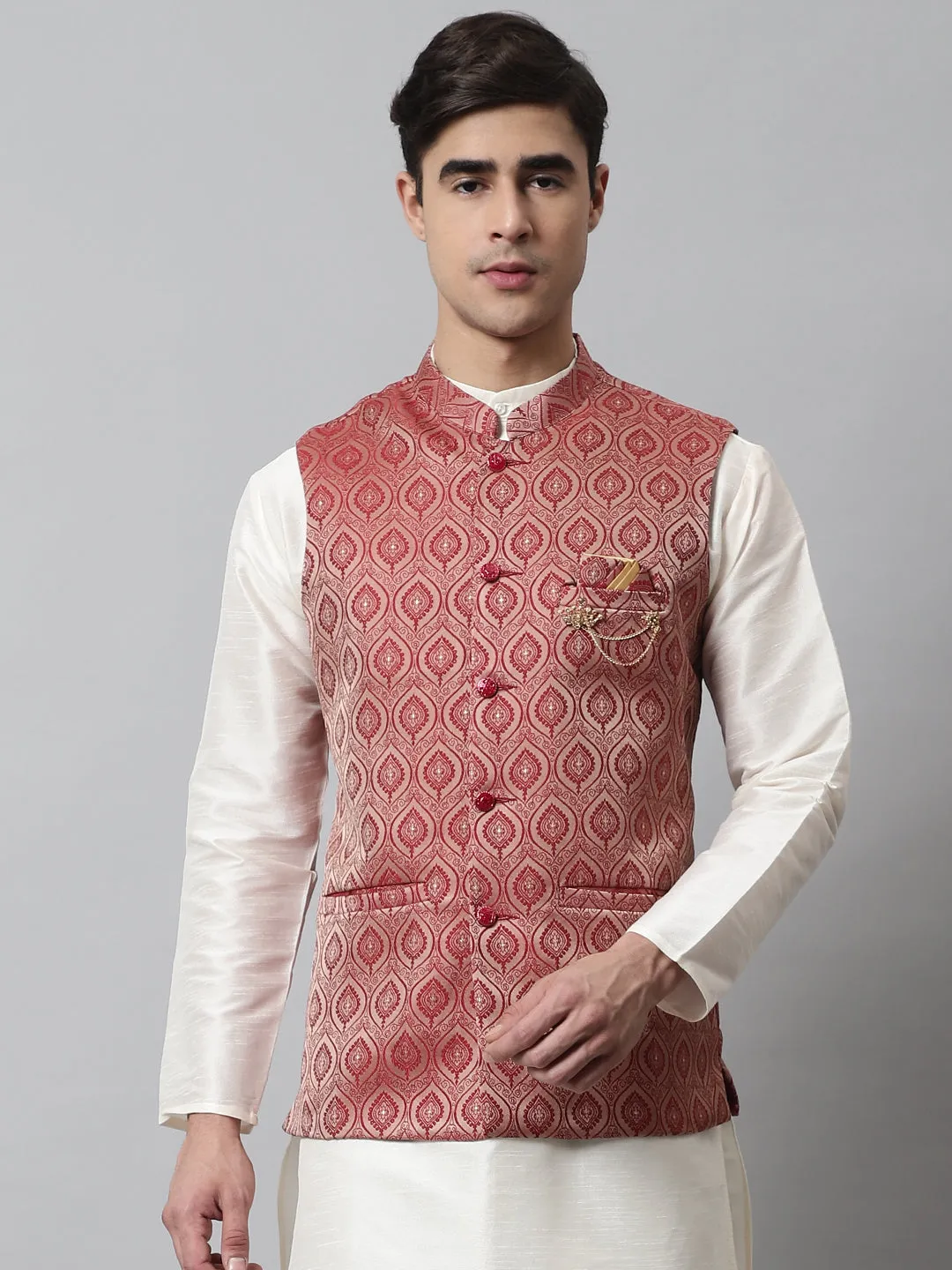 Men'S Maroon Woven Design Waistcoats