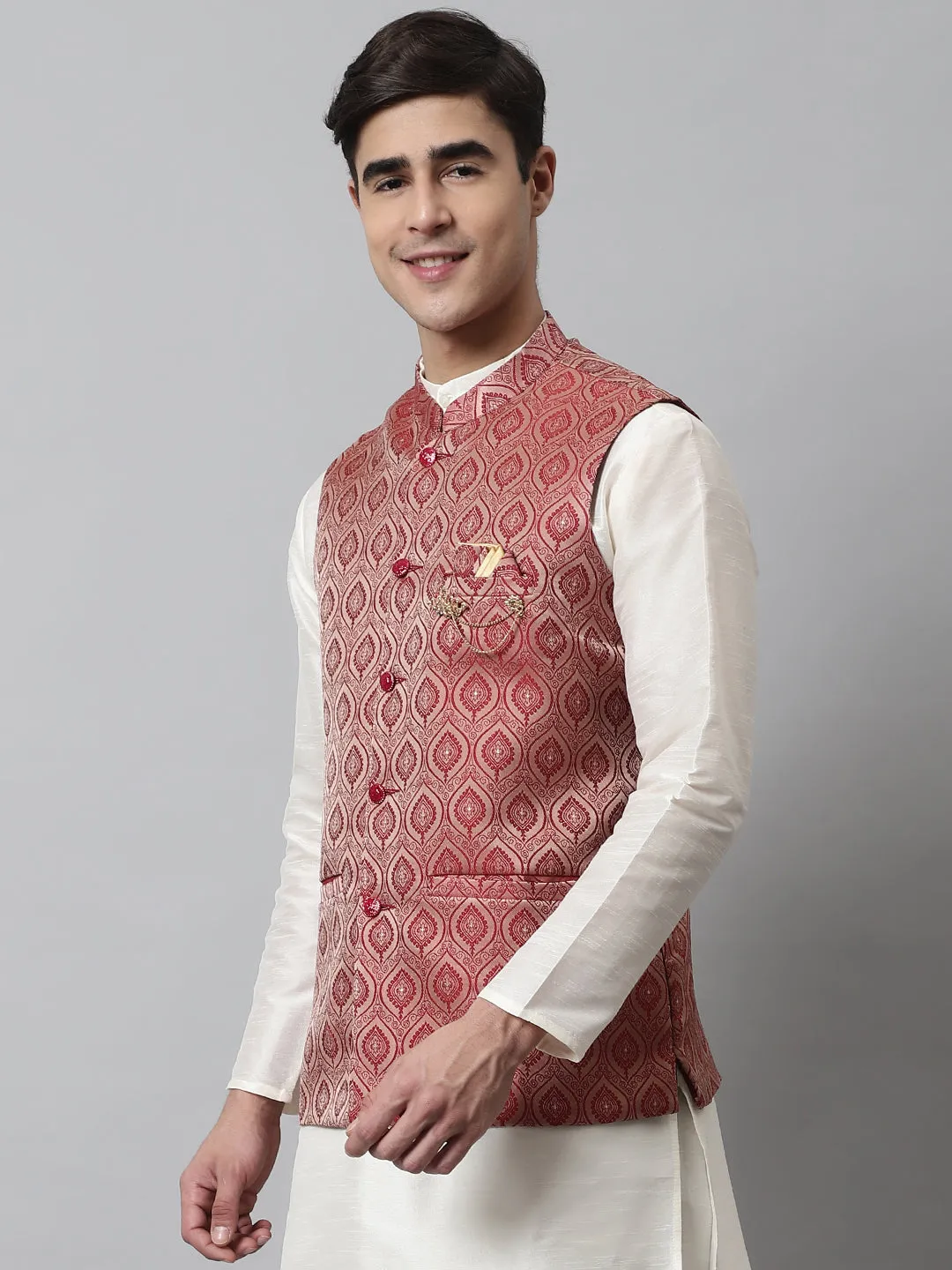 Men'S Maroon Woven Design Waistcoats