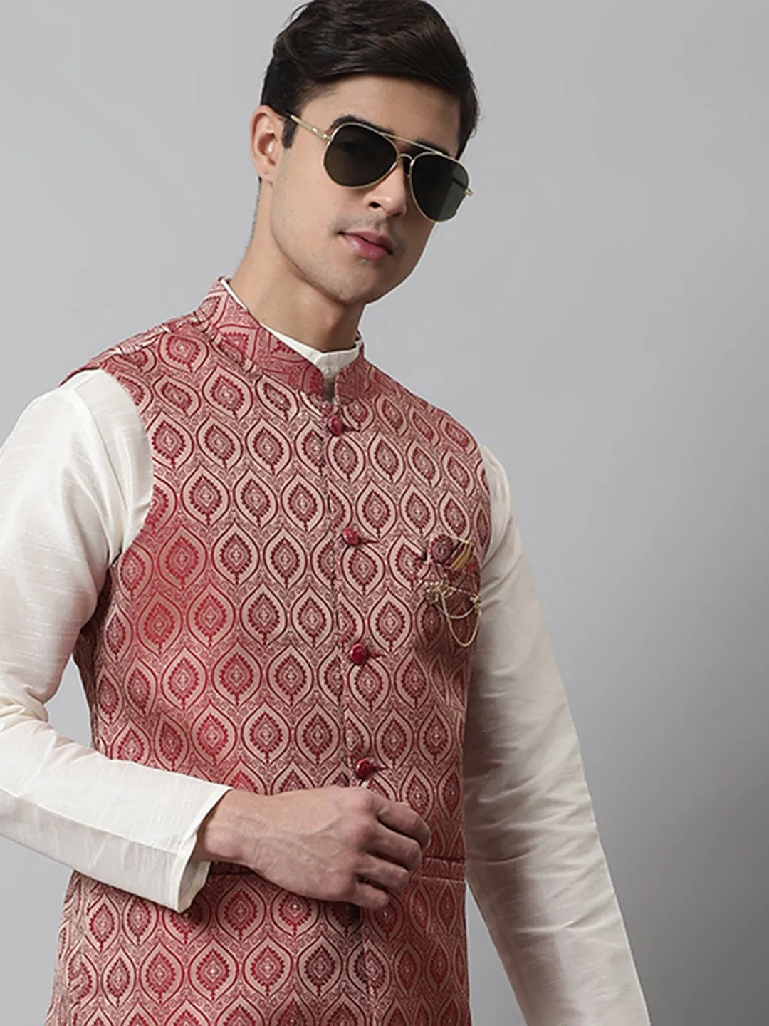 Men'S Maroon Woven Design Waistcoats