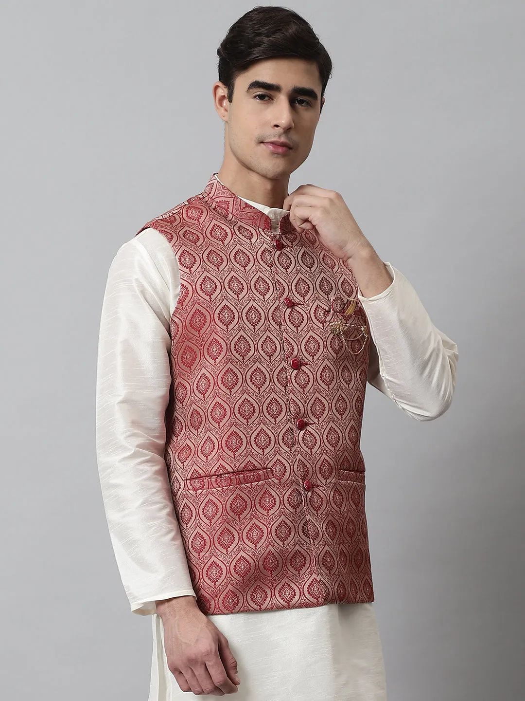 Men'S Maroon Woven Design Waistcoats