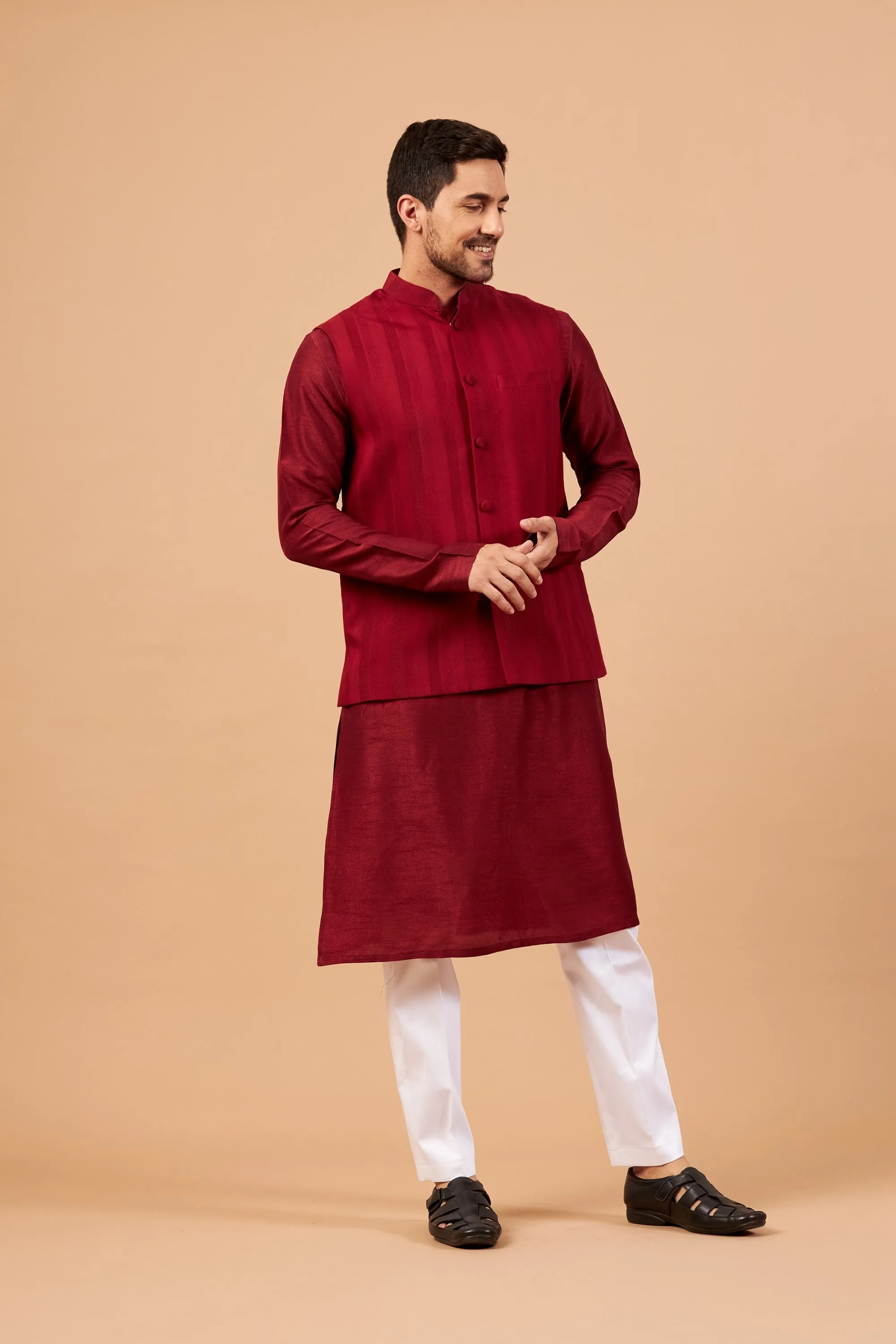 Men's Red Color Nehru Jacket With Kurta Pant Set - Hilo Design