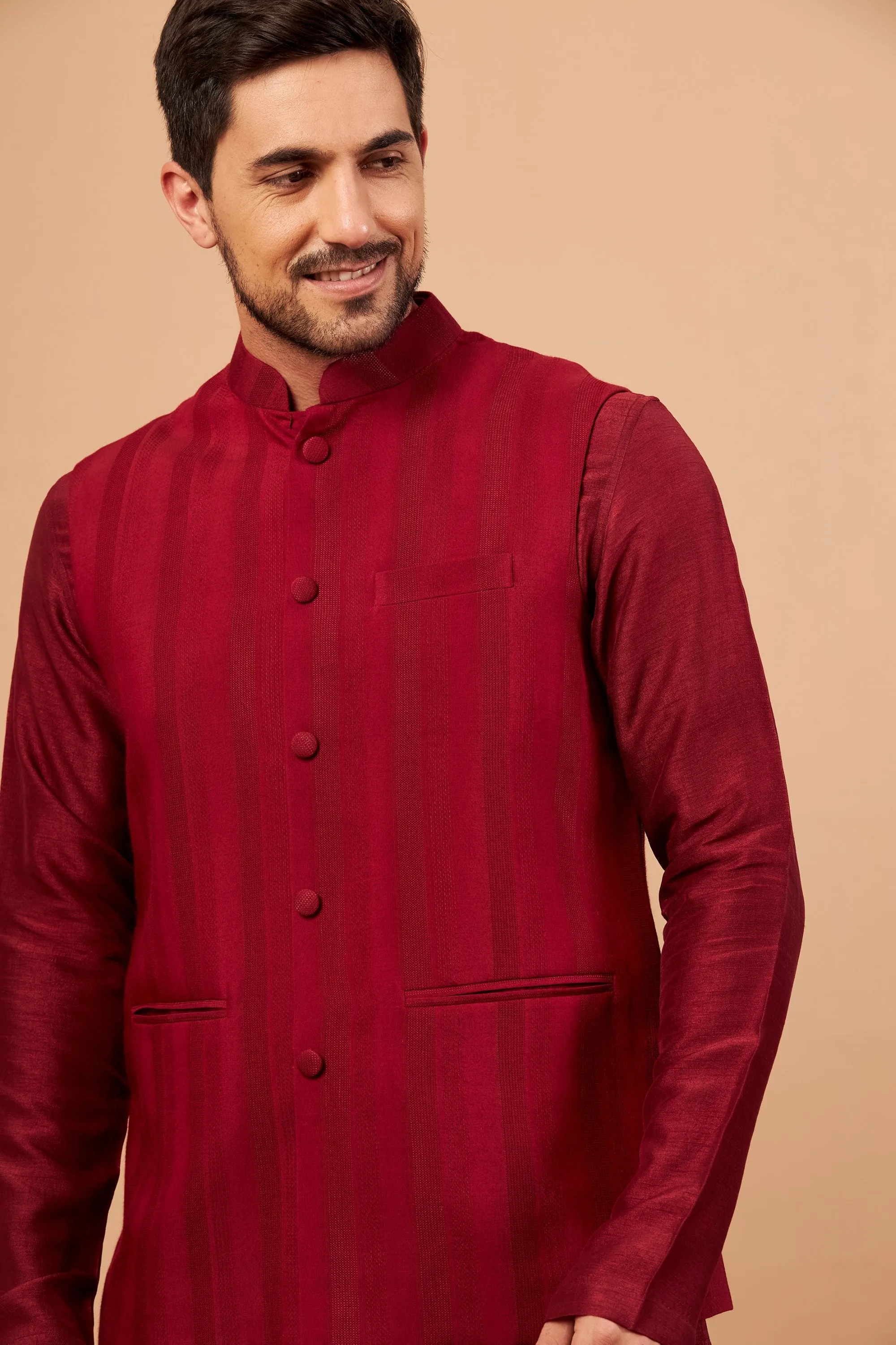 Men's Red Color Nehru Jacket With Kurta Pant Set - Hilo Design