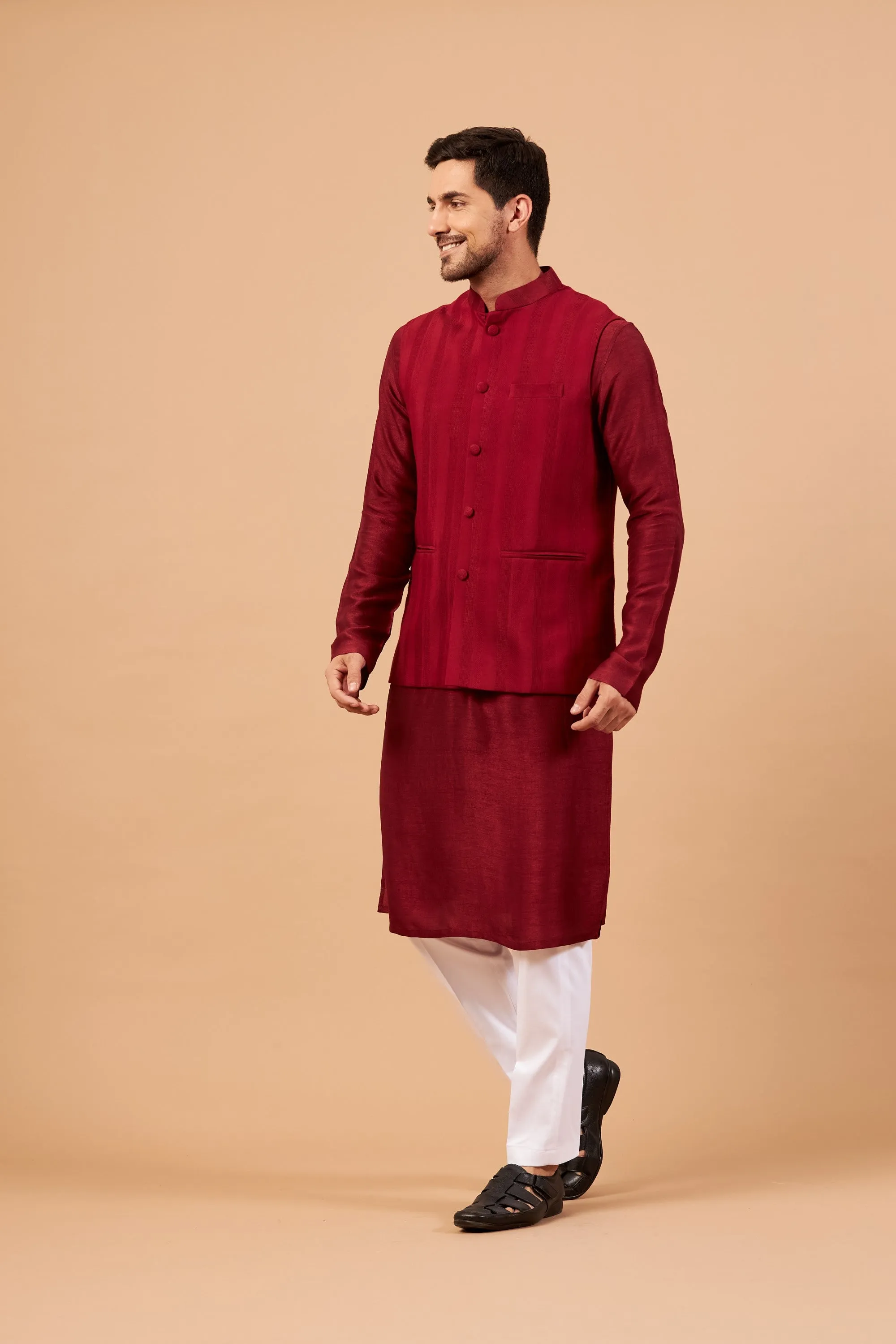 Men's Red Color Nehru Jacket With Kurta Pant Set - Hilo Design