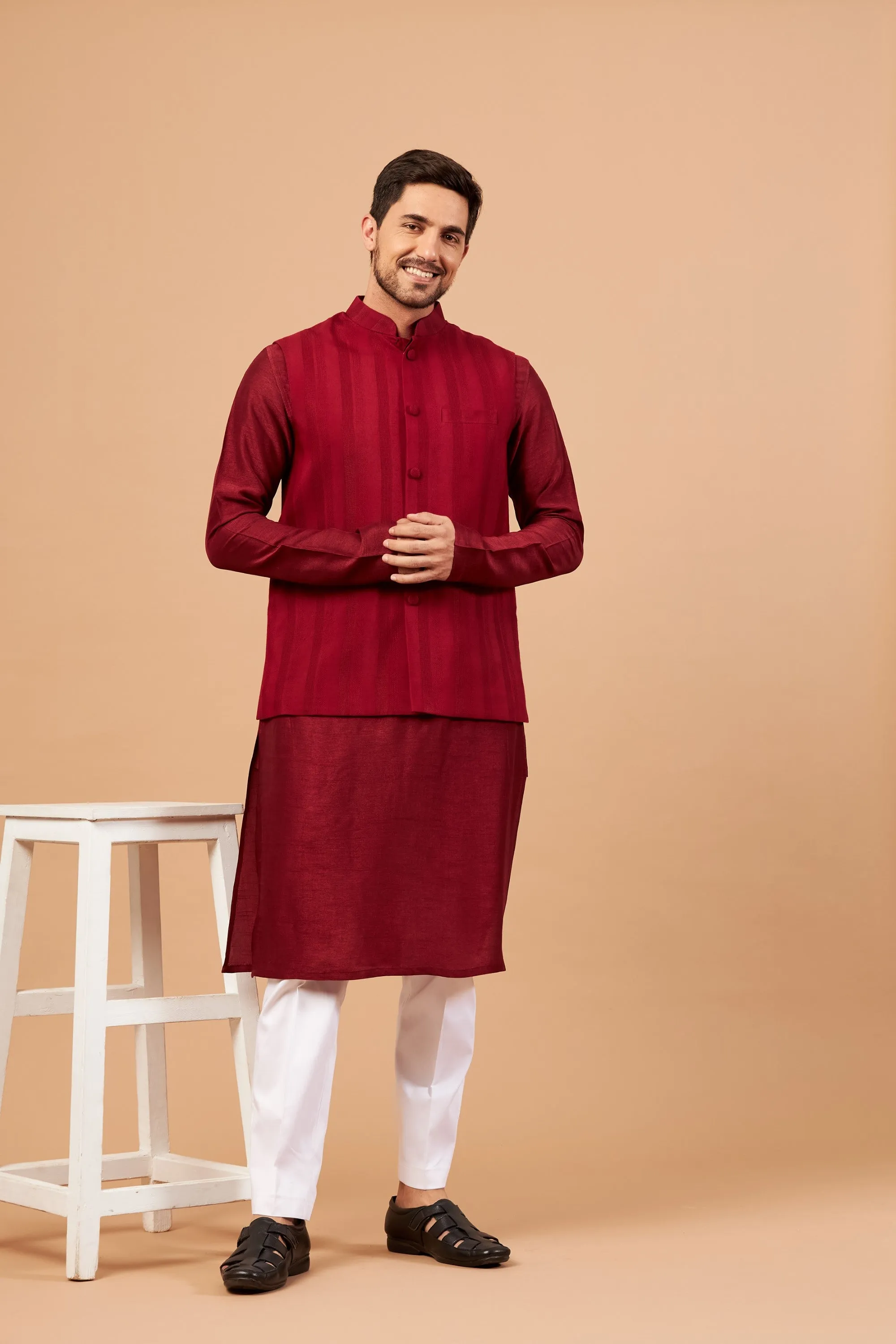 Men's Red Color Nehru Jacket With Kurta Pant Set - Hilo Design