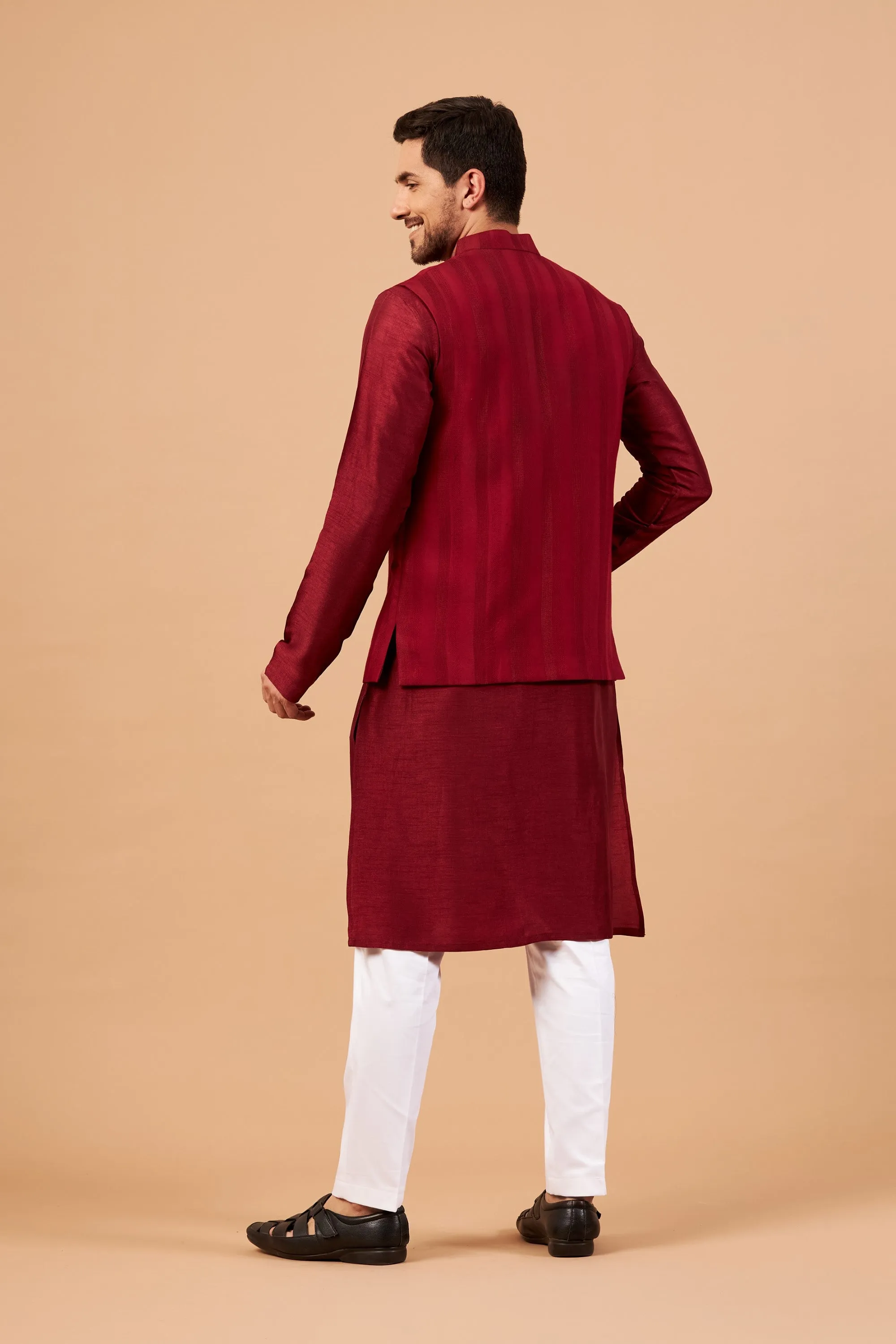 Men's Red Color Nehru Jacket With Kurta Pant Set - Hilo Design