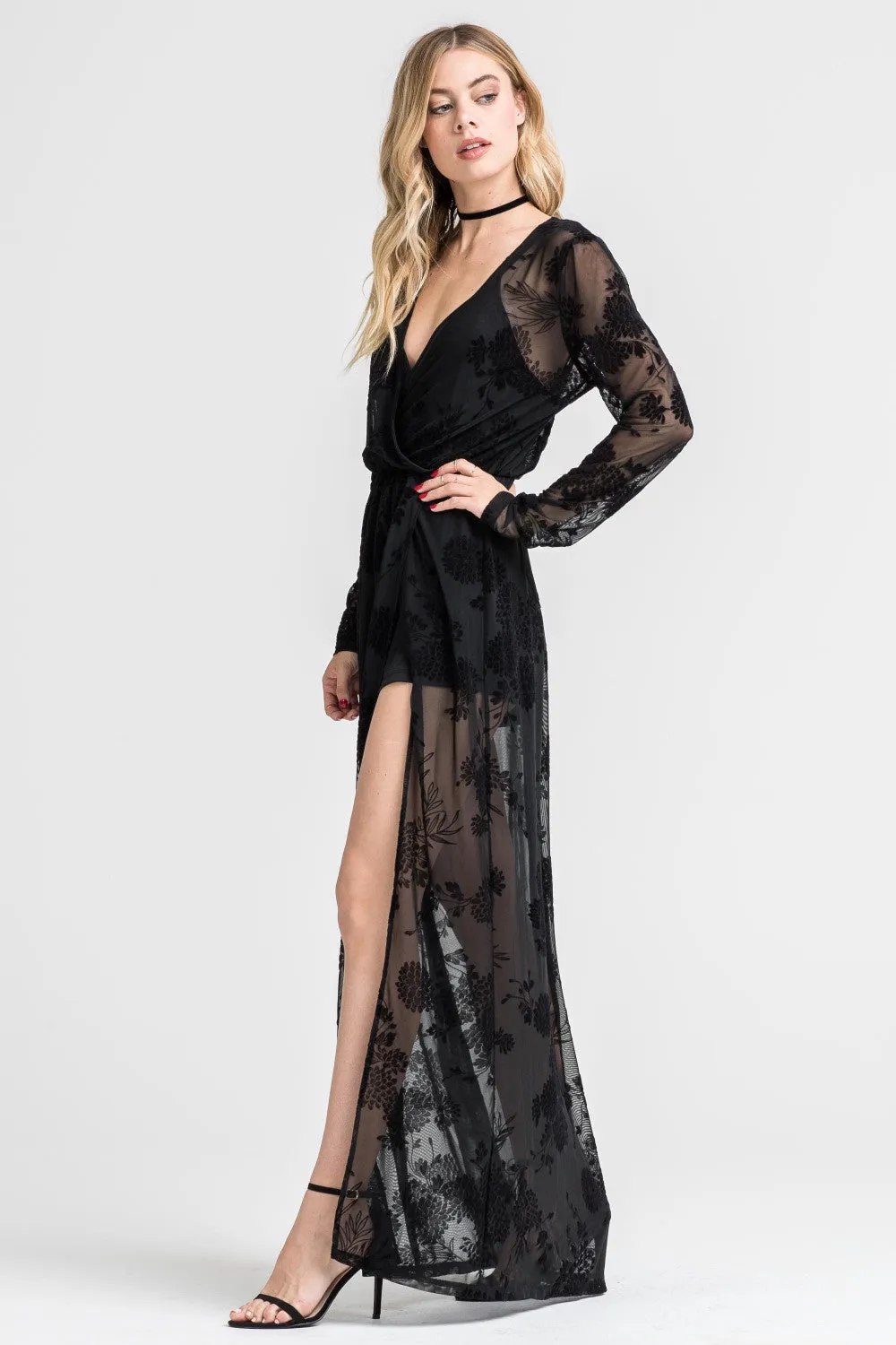 Mesh Burnout Maxi Romper, Black