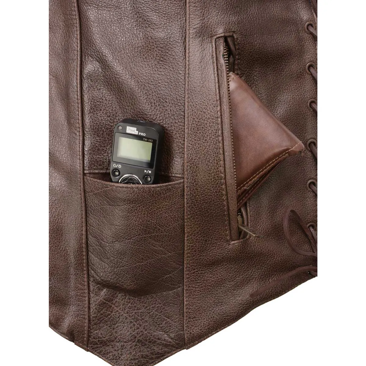 Milwaukee Leather ML1391RT Men's Retro Brown Leather Vest- 10 Pockets Side Lace 4-Snap V-Neck Motorcycle Rider Vest