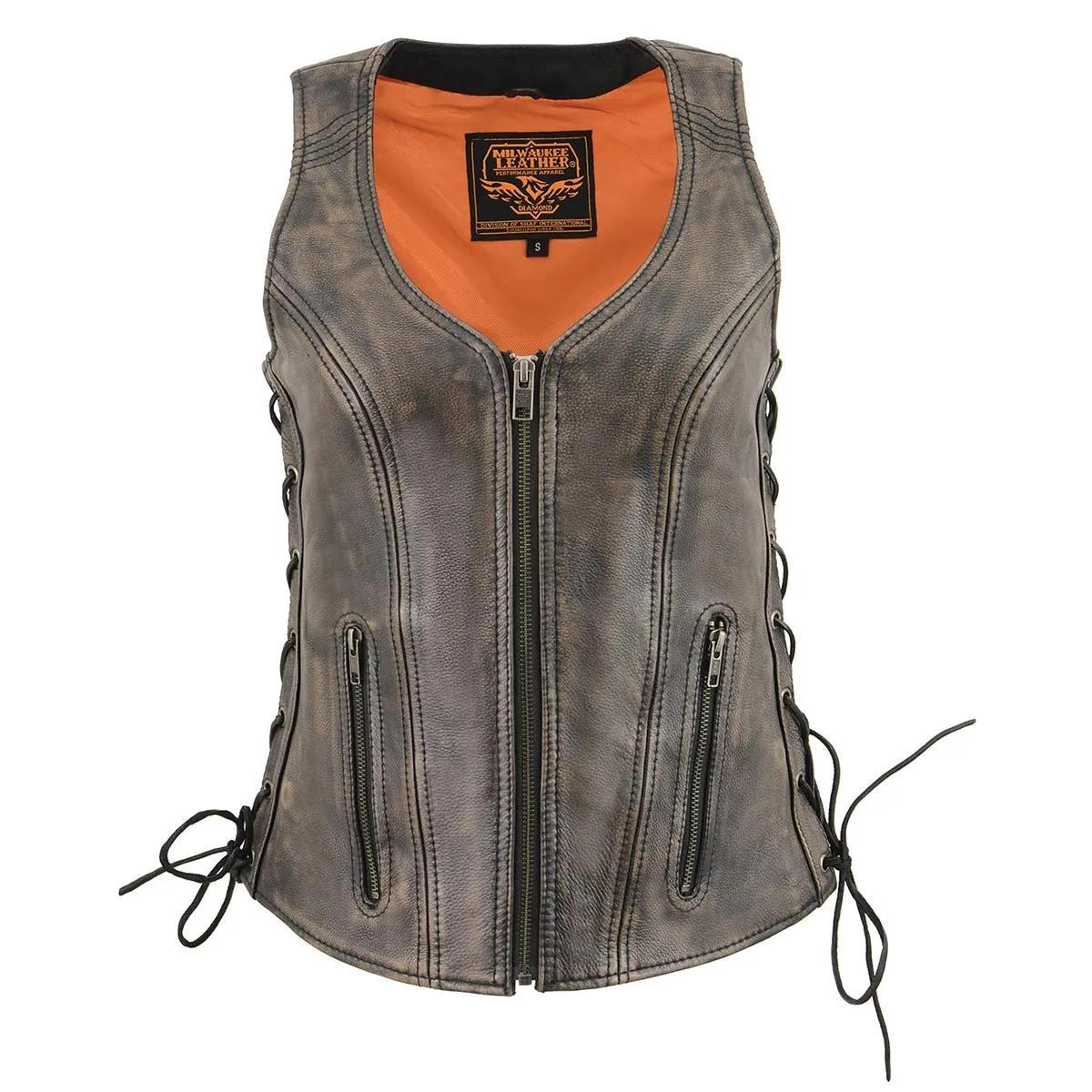 Milwaukee Leather MLL4531 Women's Distress Brown Leather Open V-Neck Motorcycle Rider Vest with Side Lace