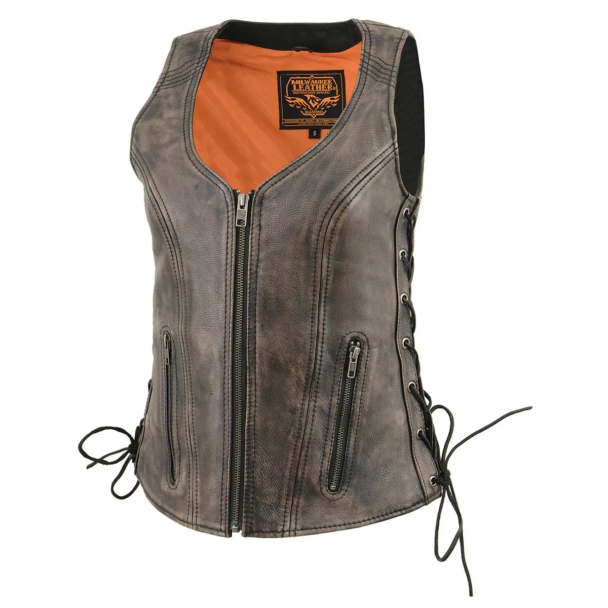 Milwaukee Leather MLL4531 Women's Distress Brown Leather Open V-Neck Motorcycle Rider Vest with Side Lace