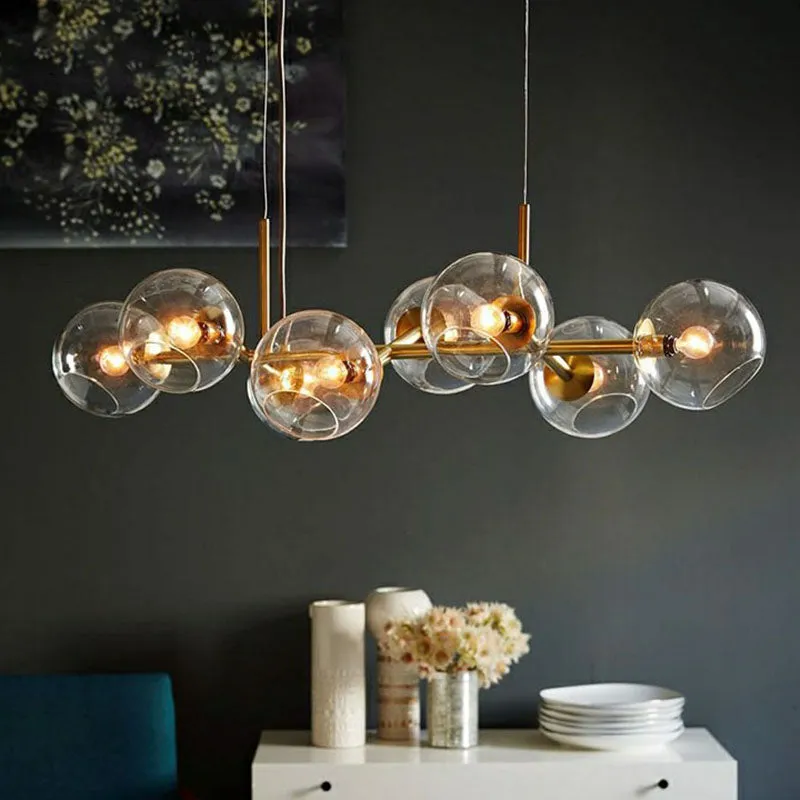 Modern Brass Island Light with Dome Glass Shades - 8-Light Dining Room Suspension Lighting