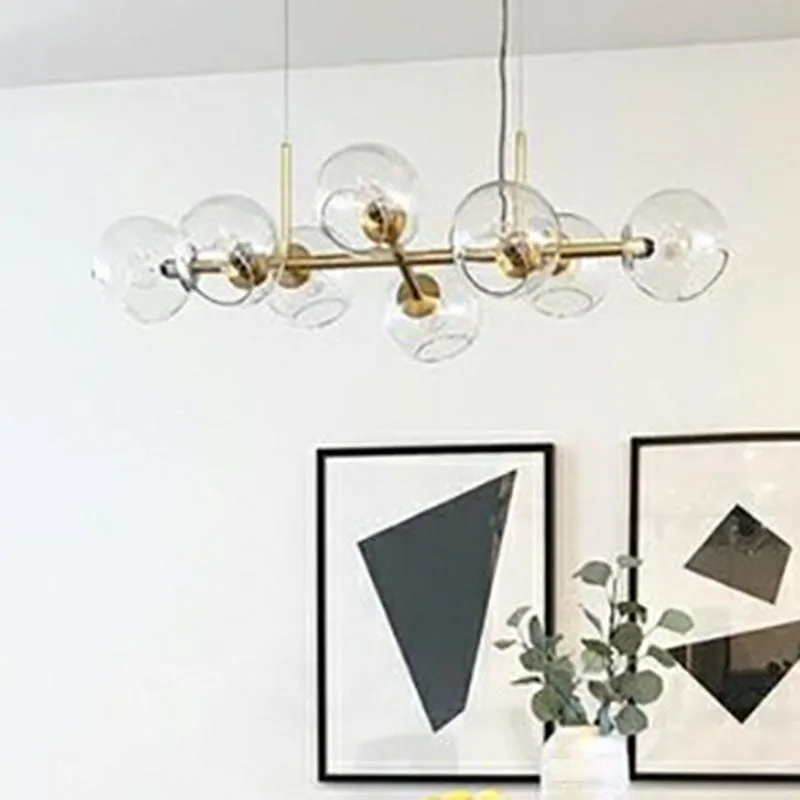 Modern Brass Island Light with Dome Glass Shades - 8-Light Dining Room Suspension Lighting