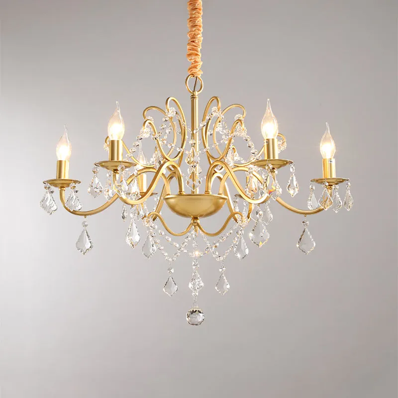 Modernist Metal Candle Chandelier - 6 Bulb Brass Suspension Lamp with Crystal Strands