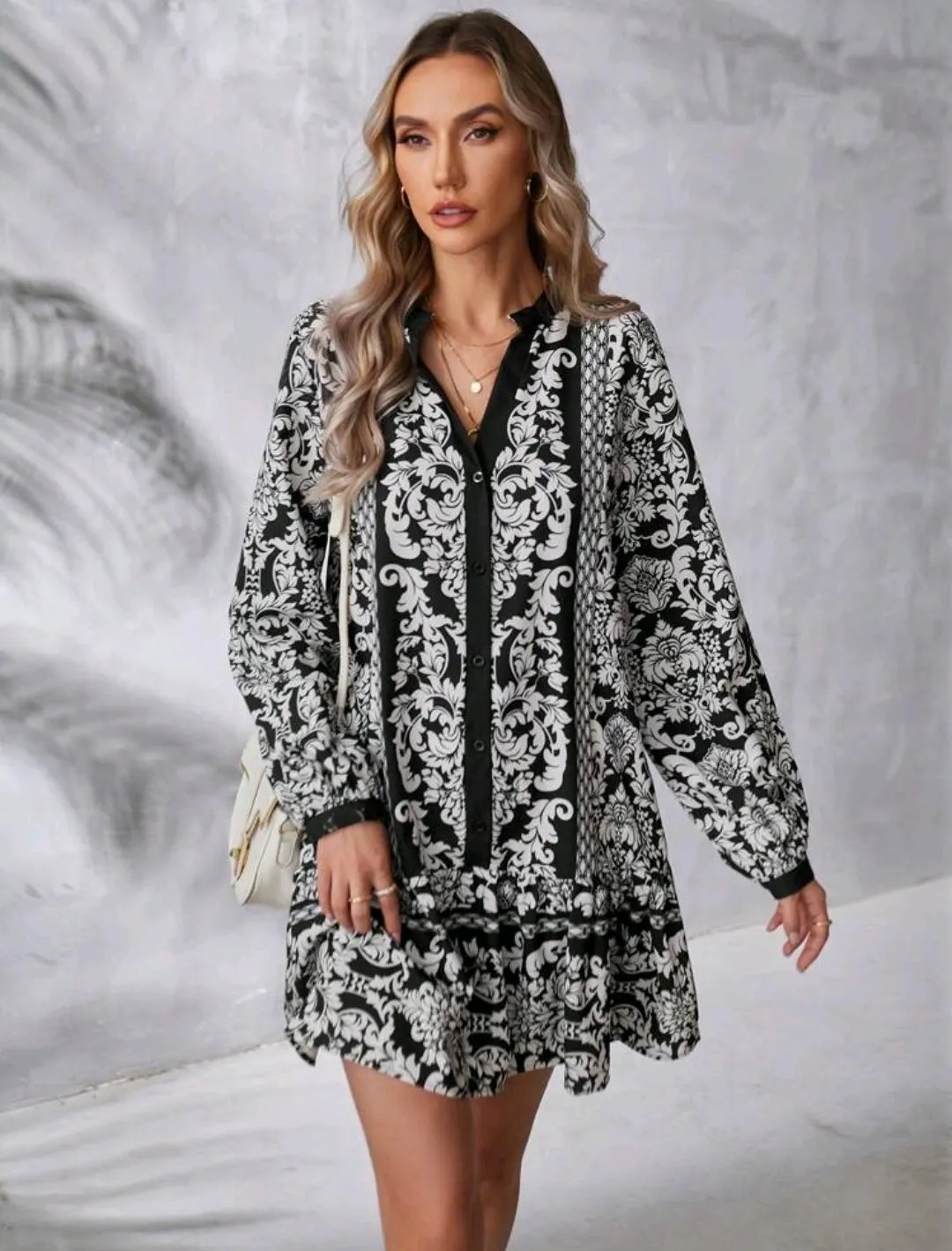 Monochrome Full Floral Print Ruffle Hem Dress