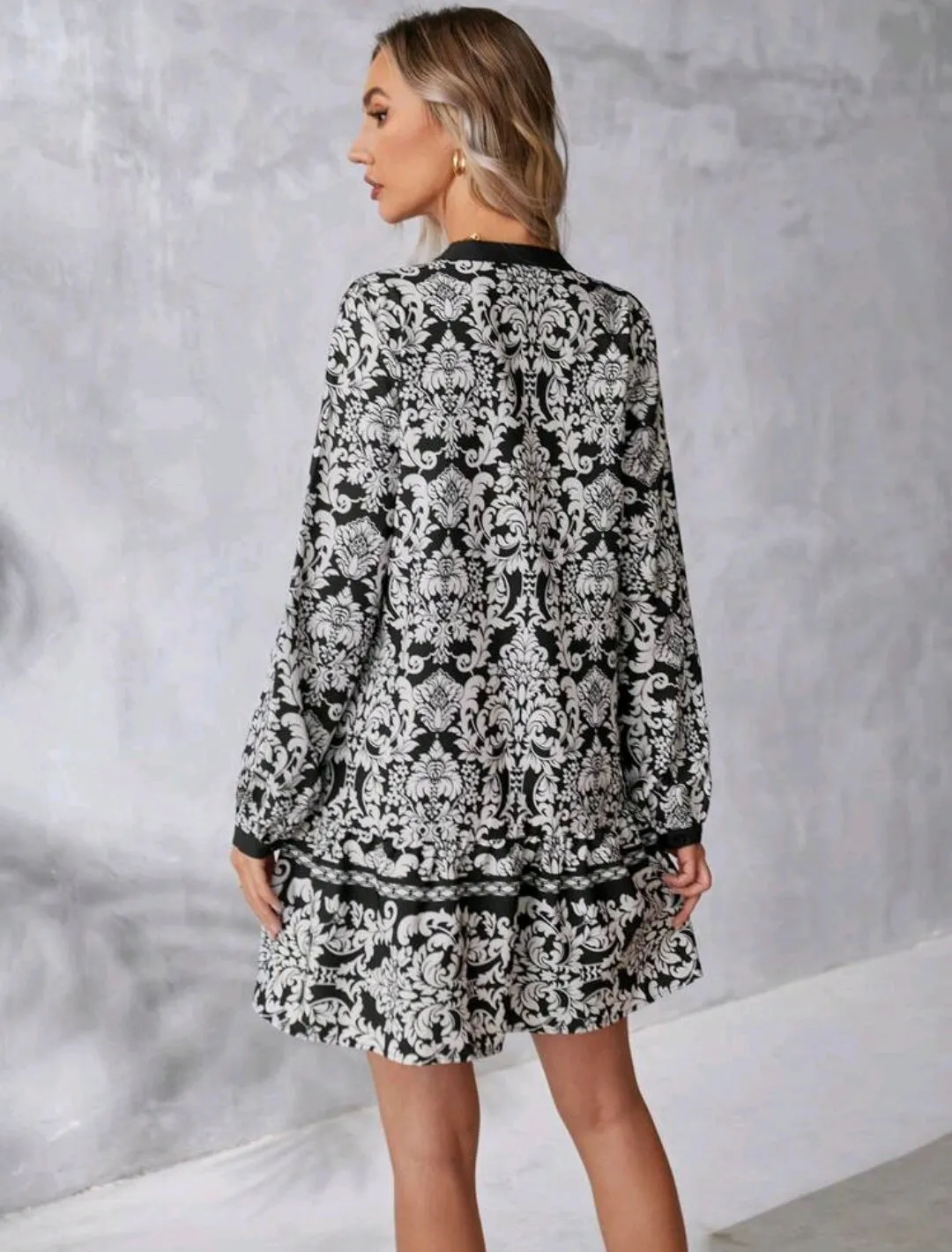 Monochrome Full Floral Print Ruffle Hem Dress