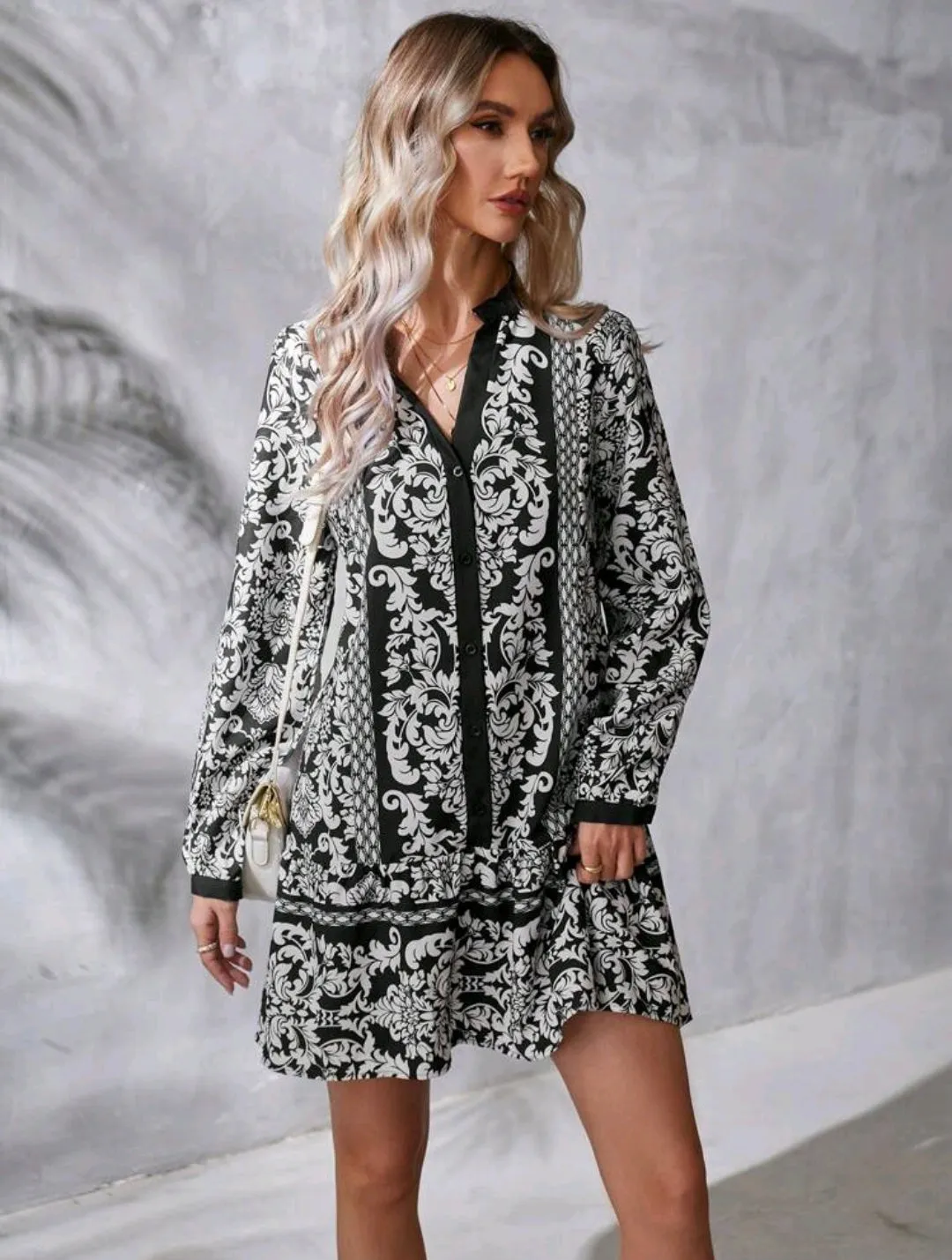 Monochrome Full Floral Print Ruffle Hem Dress