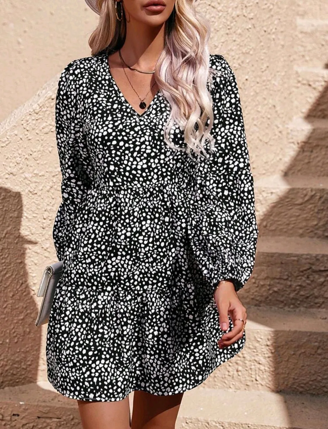 Monochrome Polka Print Lantern Sleeve Dress