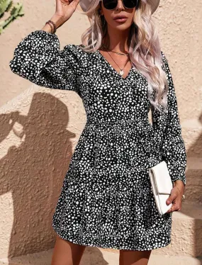 Monochrome Polka Print Lantern Sleeve Dress