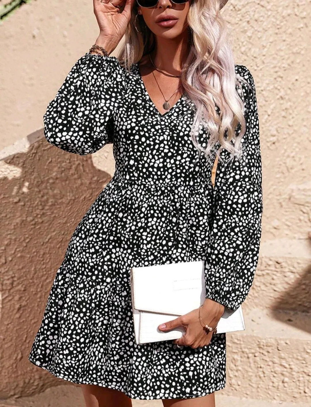 Monochrome Polka Print Lantern Sleeve Dress