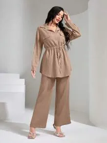 Mulvari Women's Casual Drawstring Waist Shirt And Pants Sets