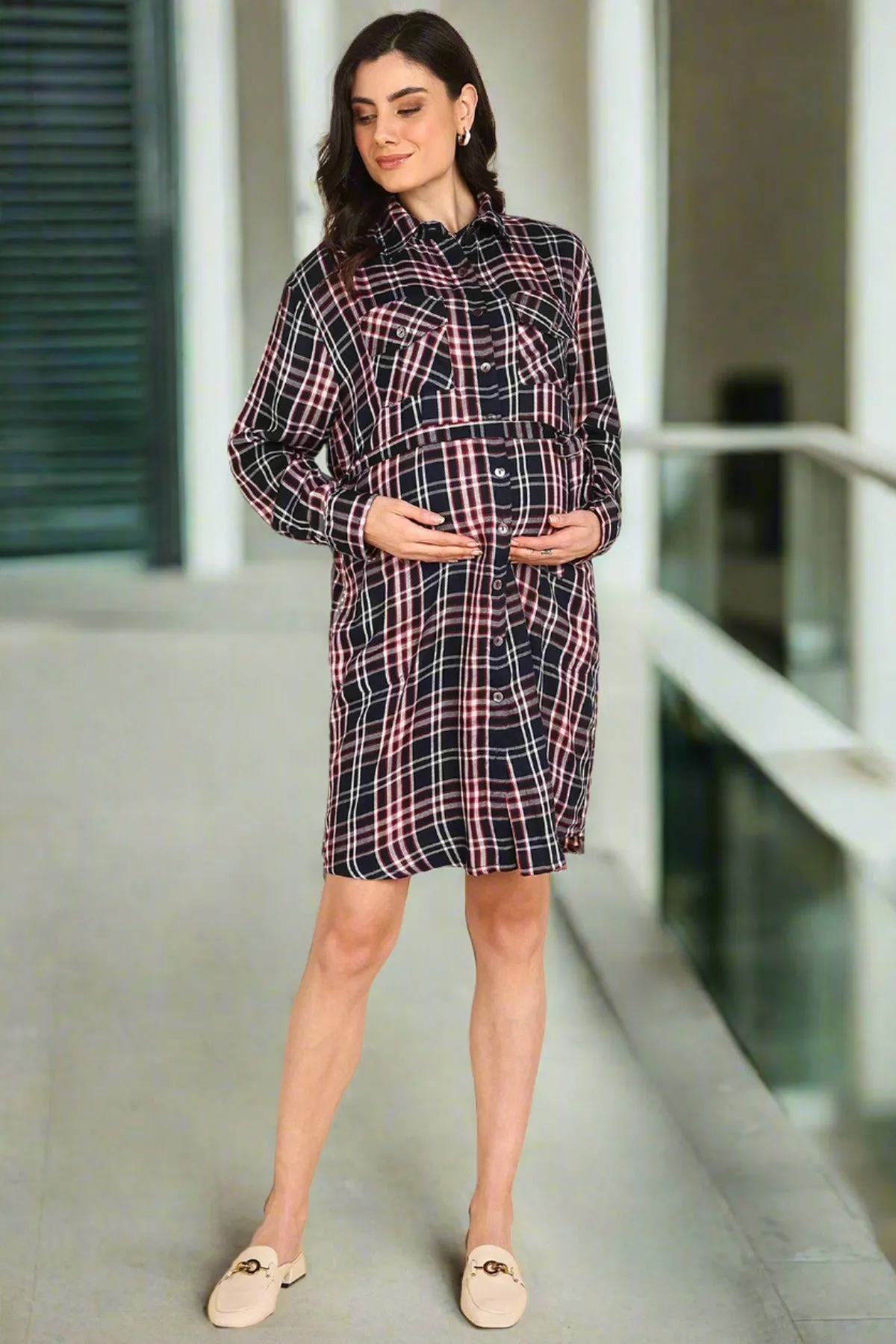 Navy Blue 100% Viscose Rayon Check Shirt Dress