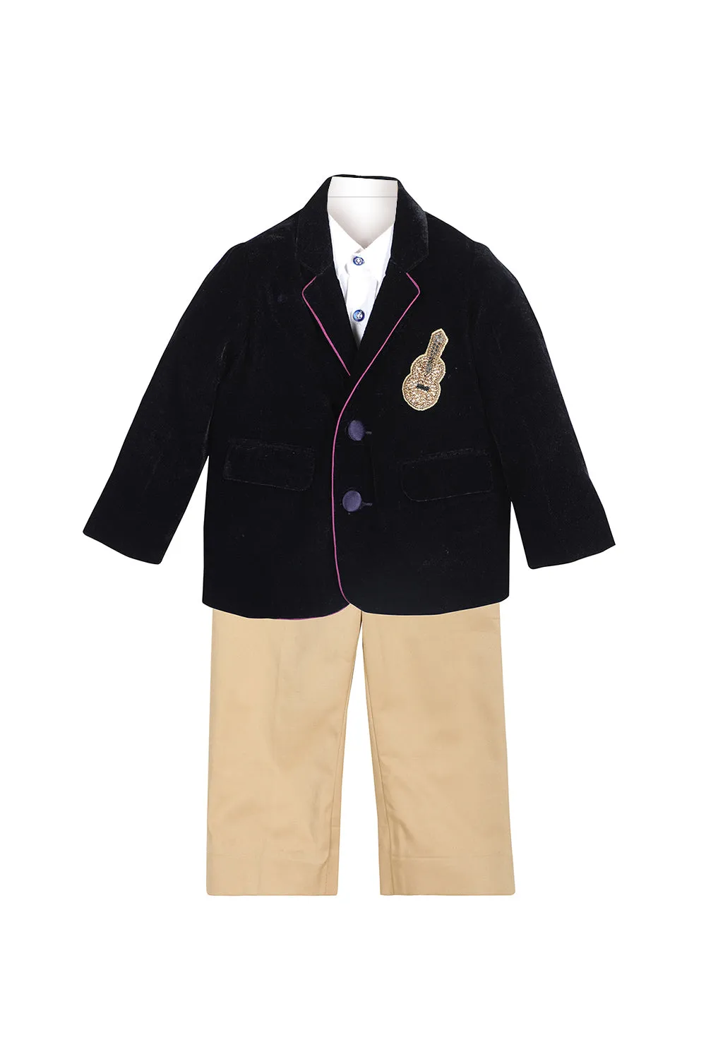 Navy blue guitar patched coat and shirt pant set