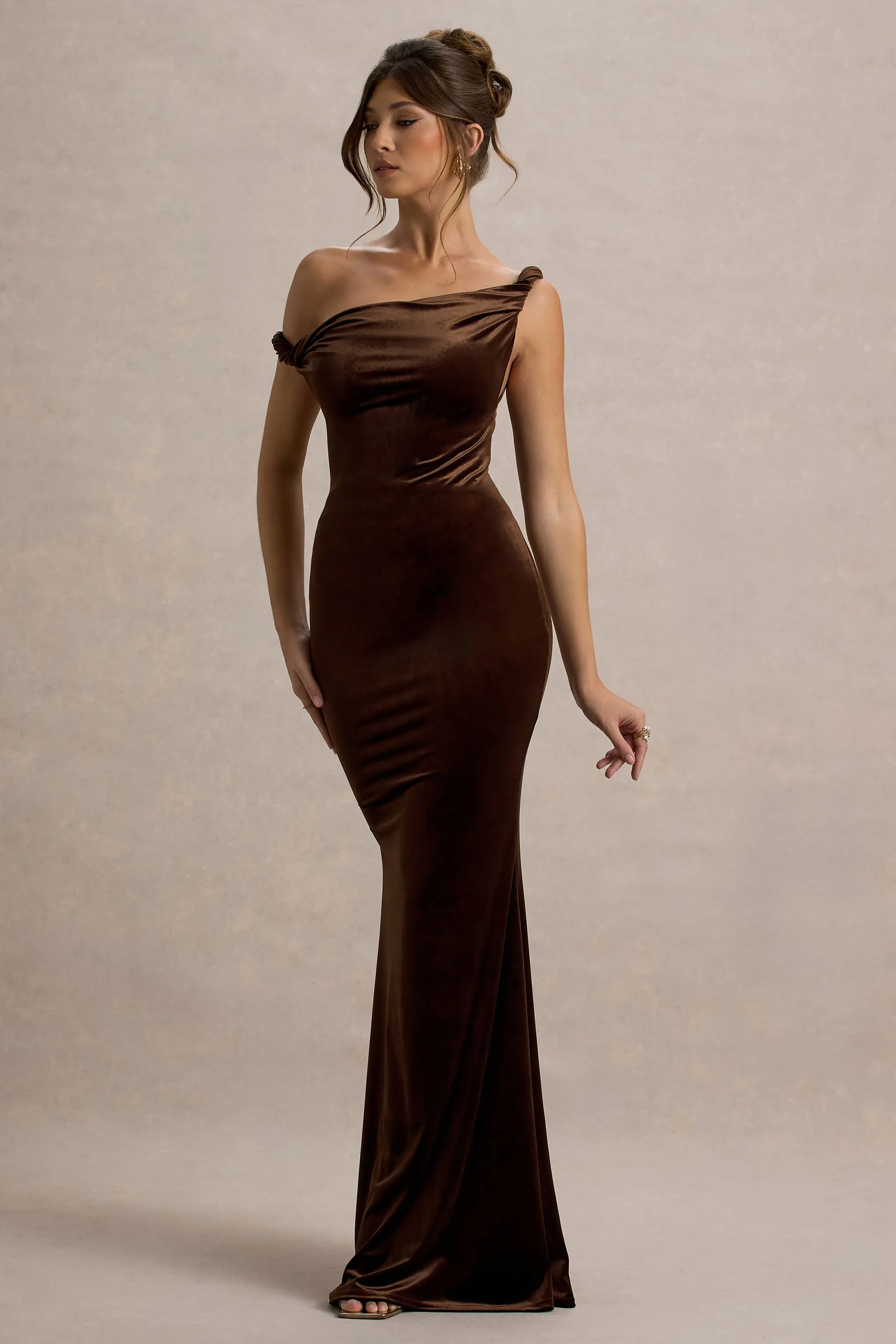 Neeka | Brown Velvet Twisted Asymmetric Maxi Dress