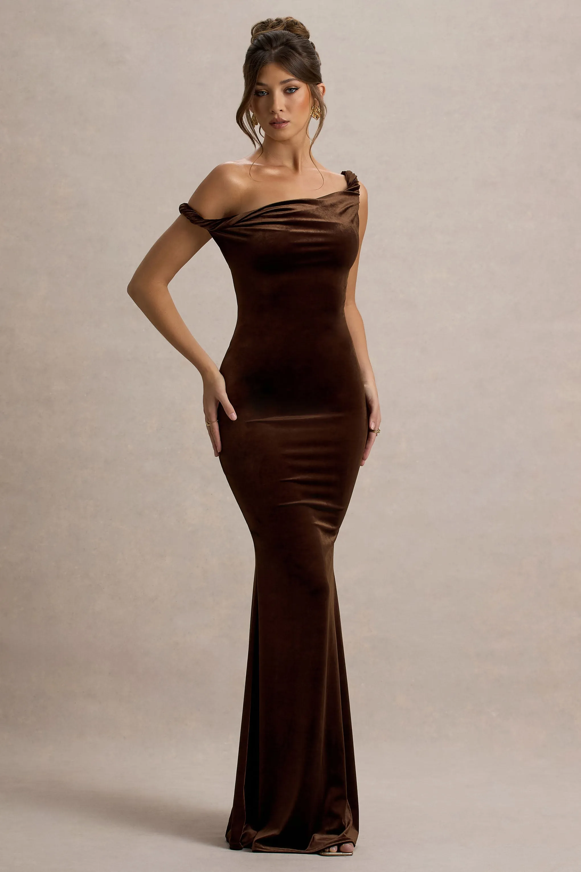 Neeka | Brown Velvet Twisted Asymmetric Maxi Dress