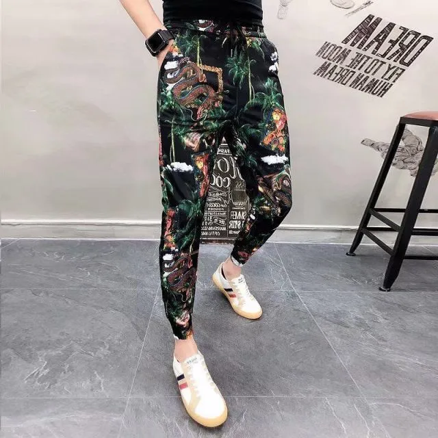 New Men's Pants Fashion Korean Style Ribbon Streetwear Harem Pants Elastic Waist Cargo Pants Men Casual Hip Hop Sweatpants Men