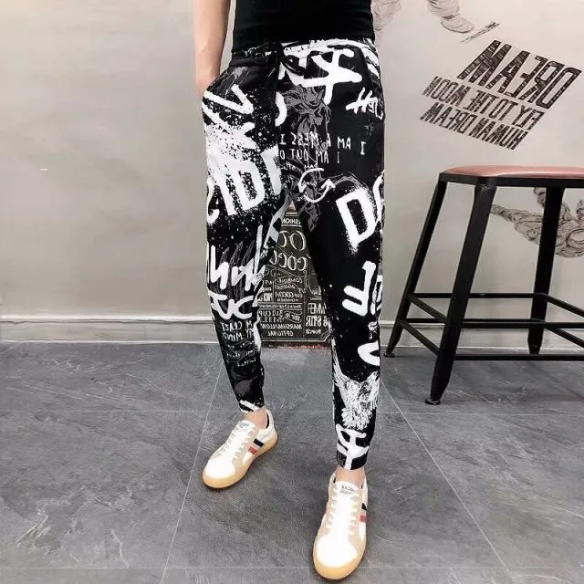 New Men's Pants Fashion Korean Style Ribbon Streetwear Harem Pants Elastic Waist Cargo Pants Men Casual Hip Hop Sweatpants Men