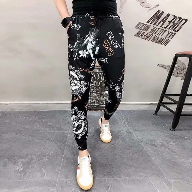 New Men's Pants Fashion Korean Style Ribbon Streetwear Harem Pants Elastic Waist Cargo Pants Men Casual Hip Hop Sweatpants Men