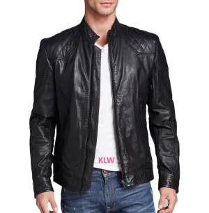 New Original Tab Collar Quilted Lambskin Leather Biker Jacket For Men