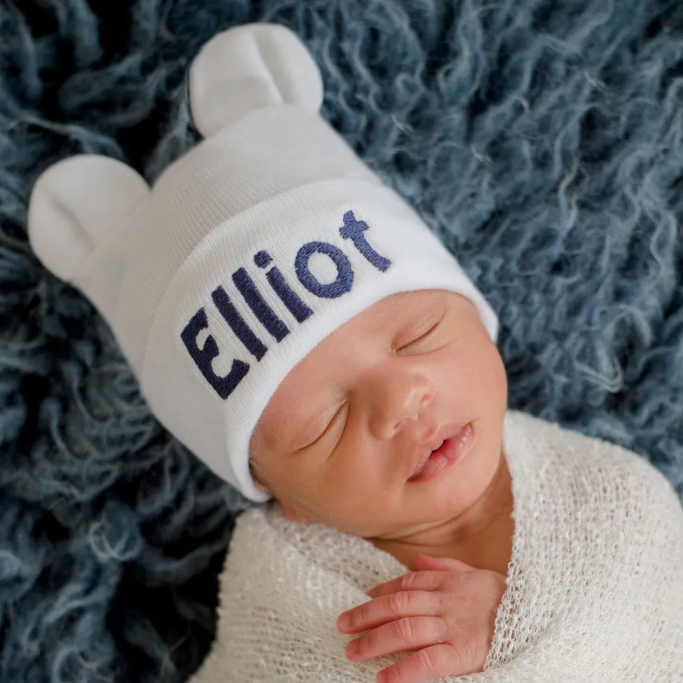 Newborn Baby Boy Hospital Nursery Beanie Hat with Bear Ears, White Color Newborn Hat