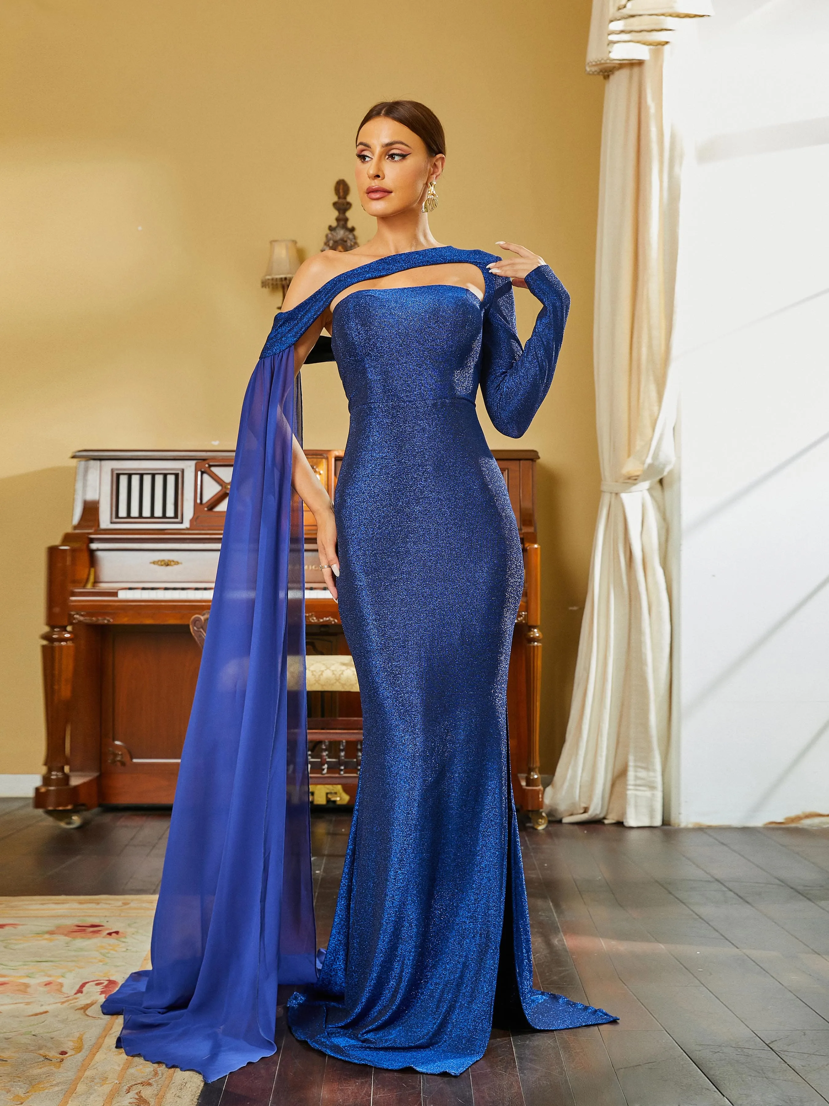 One Shoulder Long Sleeve Draped Blue Prom Dress RH30556