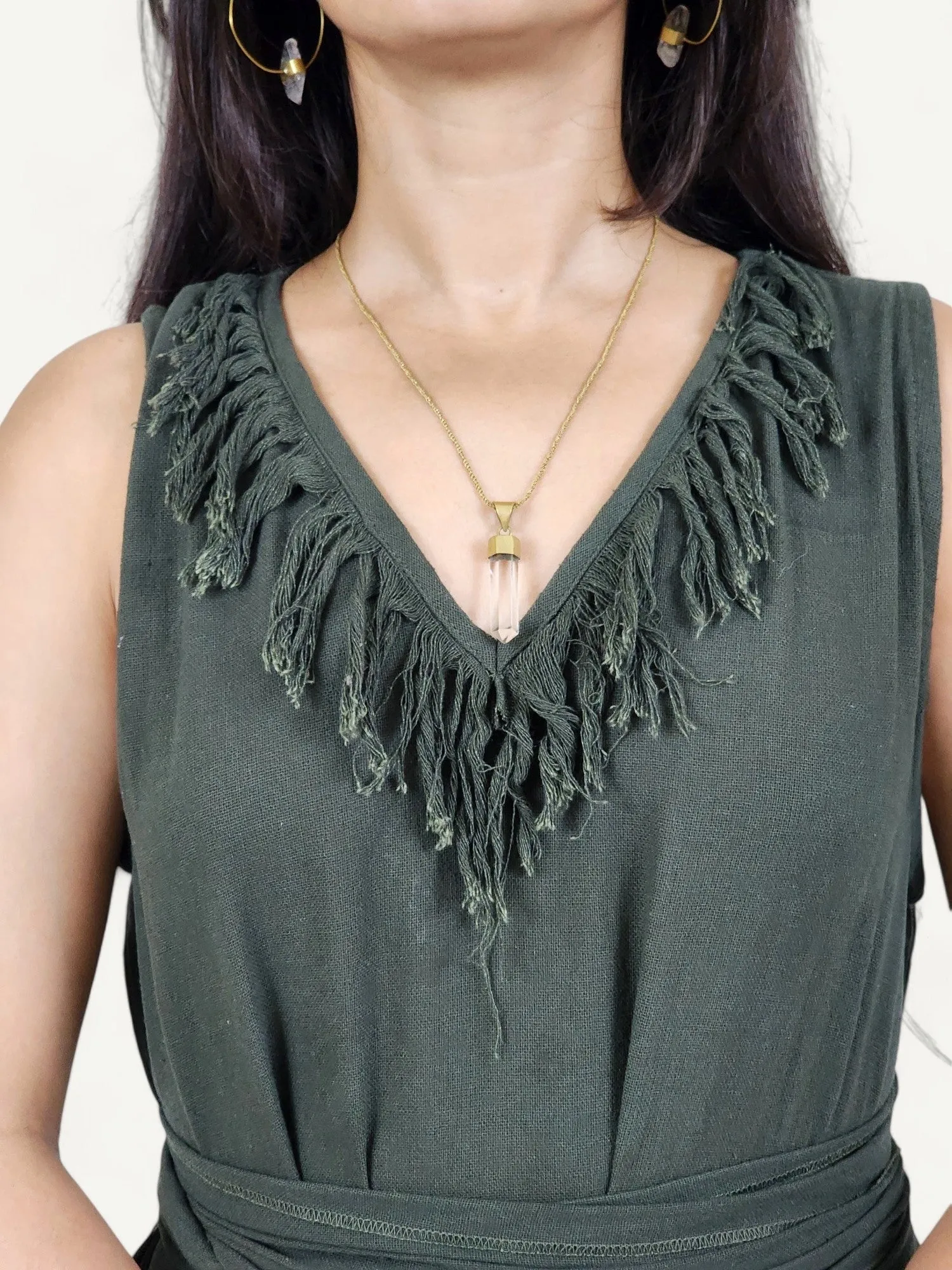 Organic Cotton Forest Green Fringe Dress (Open Back)