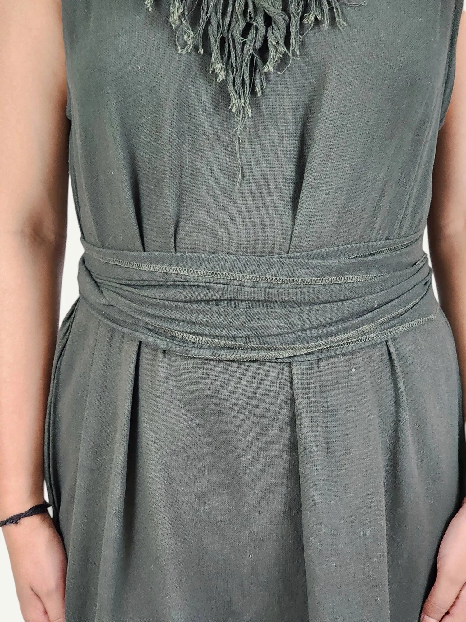 Organic Cotton Forest Green Fringe Dress (Open Back)