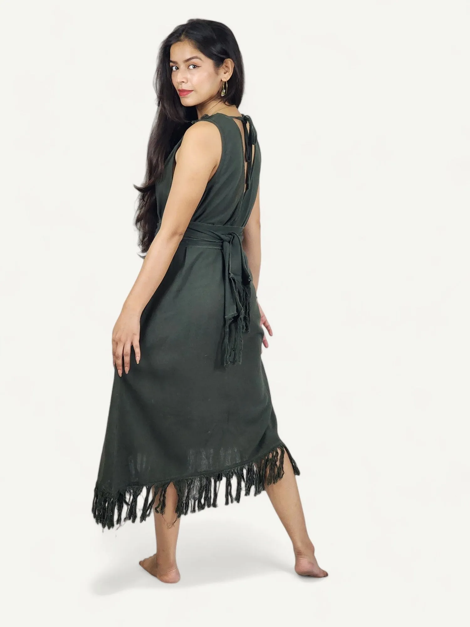 Organic Cotton Forest Green Fringe Dress (Open Back)