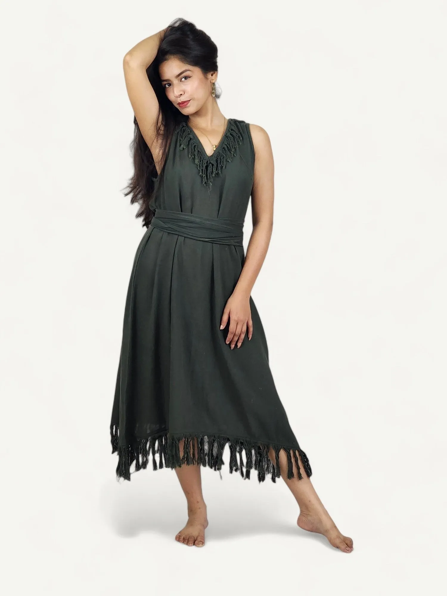 Organic Cotton Forest Green Fringe Dress (Open Back)