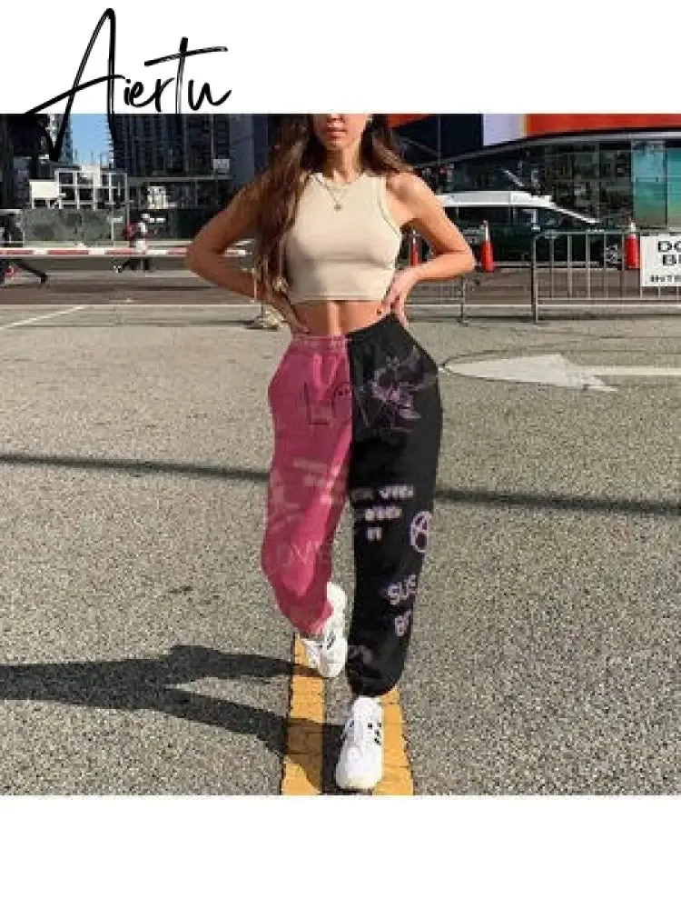 Pants Women Fashion High Waist Wide Leg Sweatpants Autumn Streetwear Casual Elastic Patchwork Joggers Woman Soft Trousers