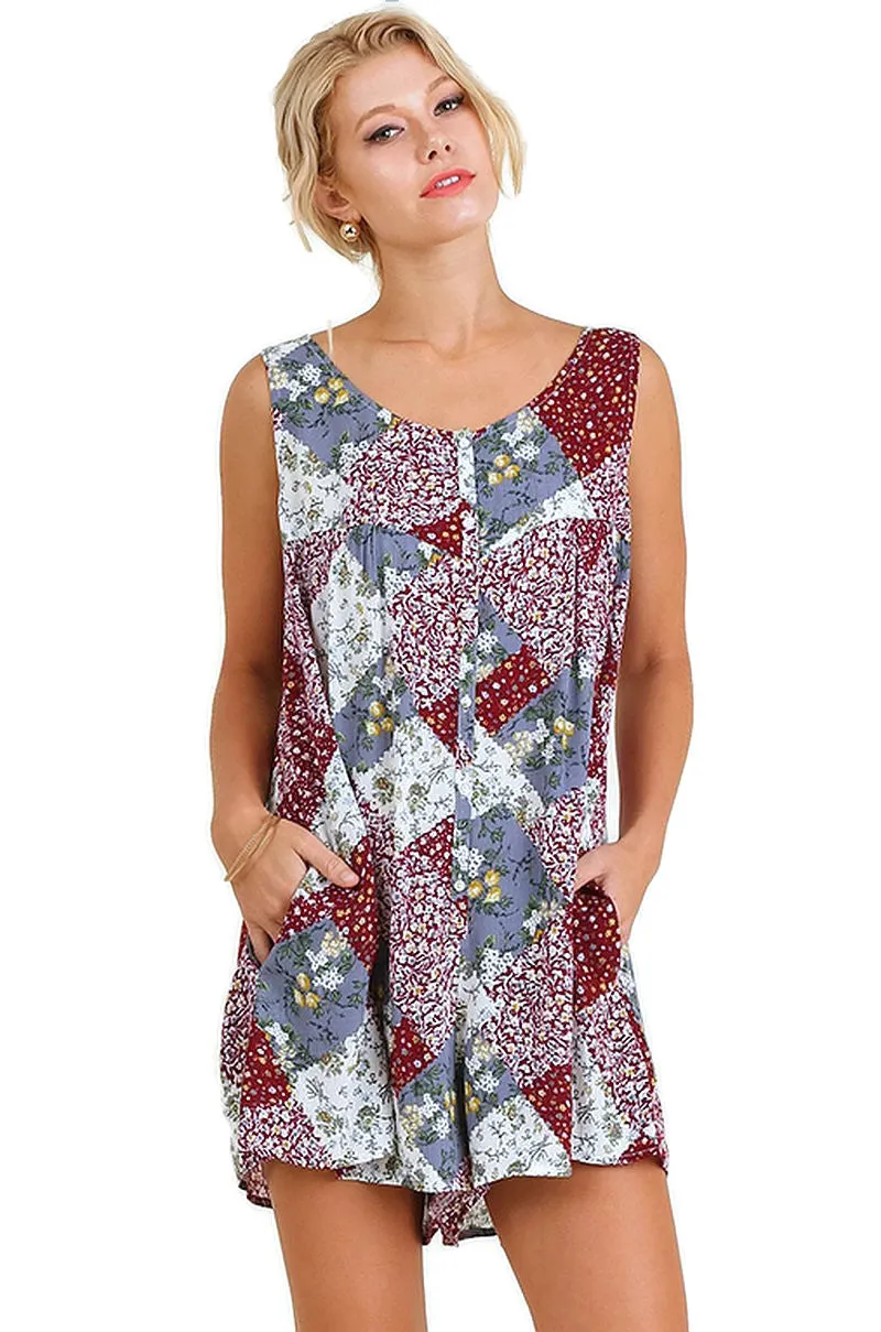 Patchwork Print Romper,  Berry