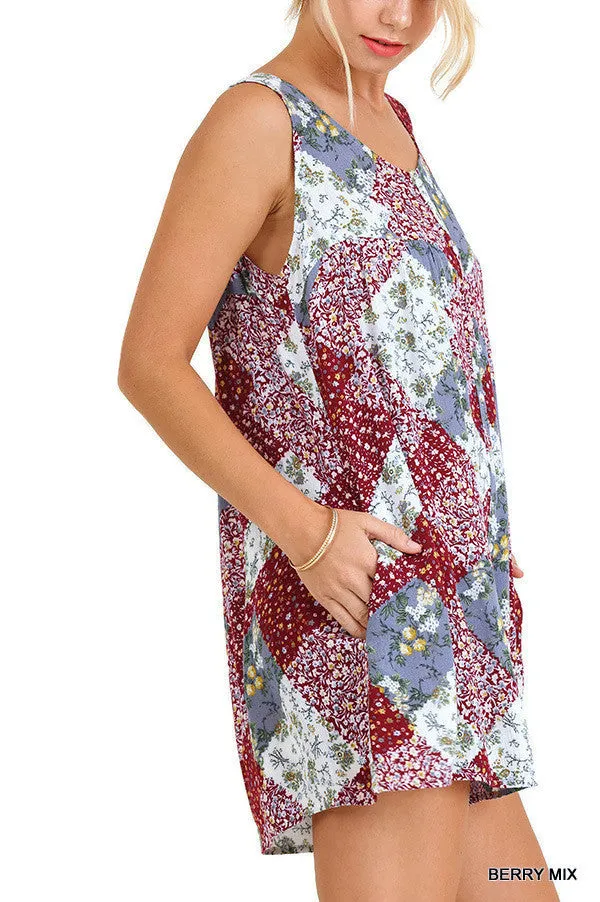 Patchwork Print Romper,  Berry