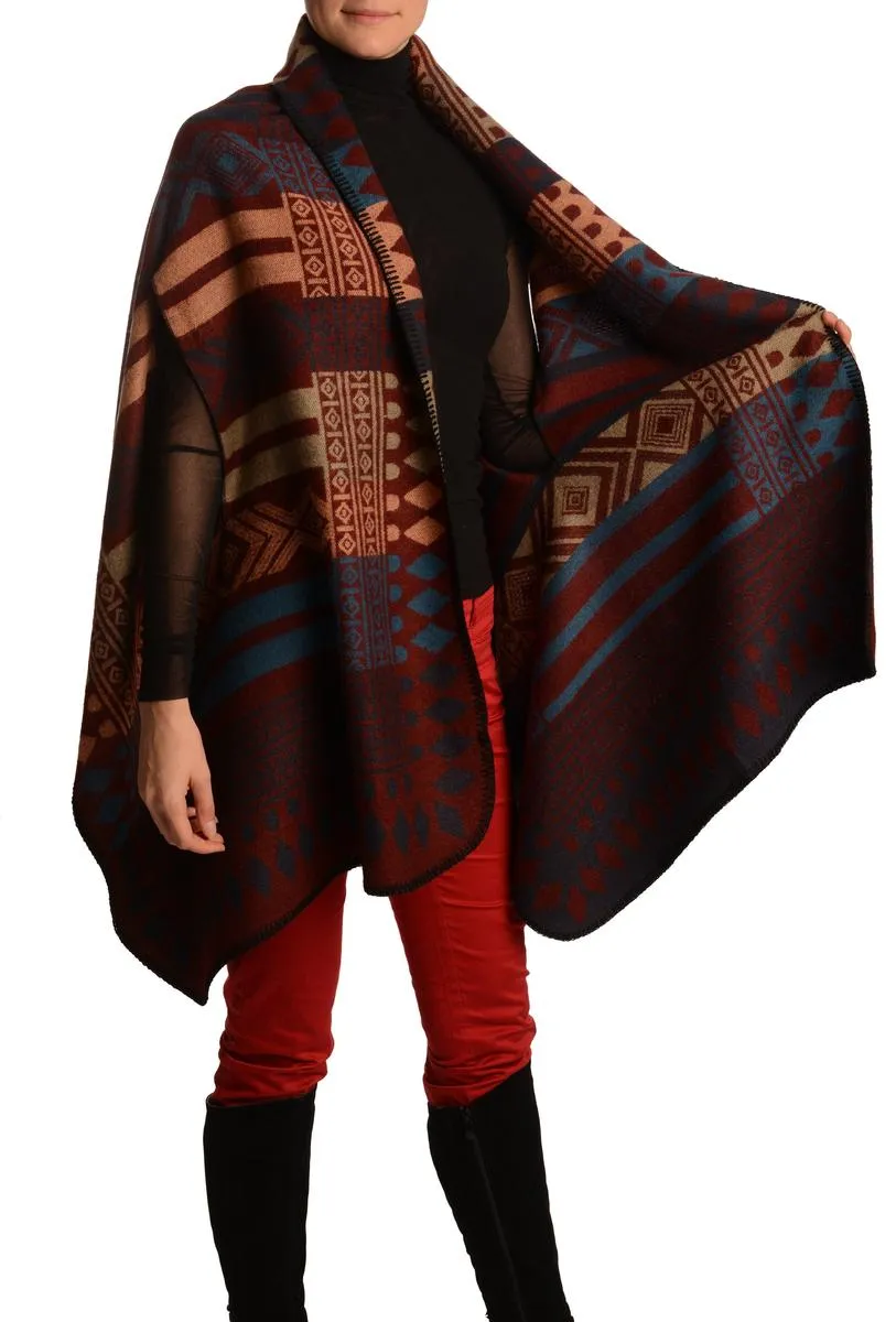 Peach, Beige & Blue Aztec On Boudreaux Blanket Wrap (Poncho)