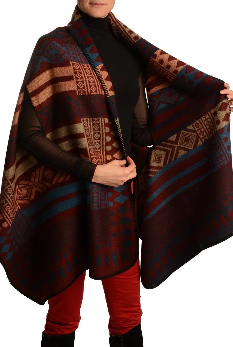 Peach, Beige & Blue Aztec On Boudreaux Blanket Wrap (Poncho)