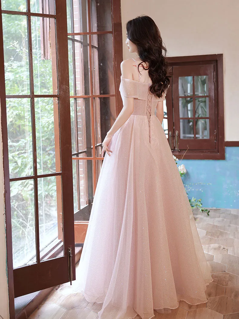 Pink Off Shoulder Long Prom Dress, Off Shoulder Pink Party Dress