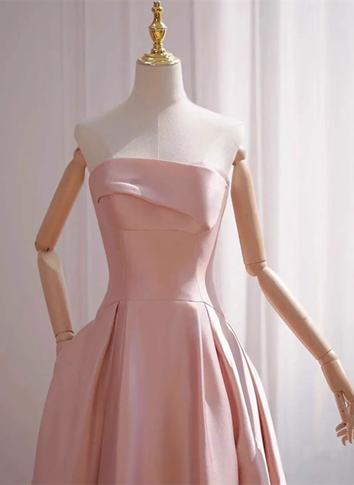 Pink Tea Length Simple Satin Wedding Party Dress, Pink Short Formal Dress