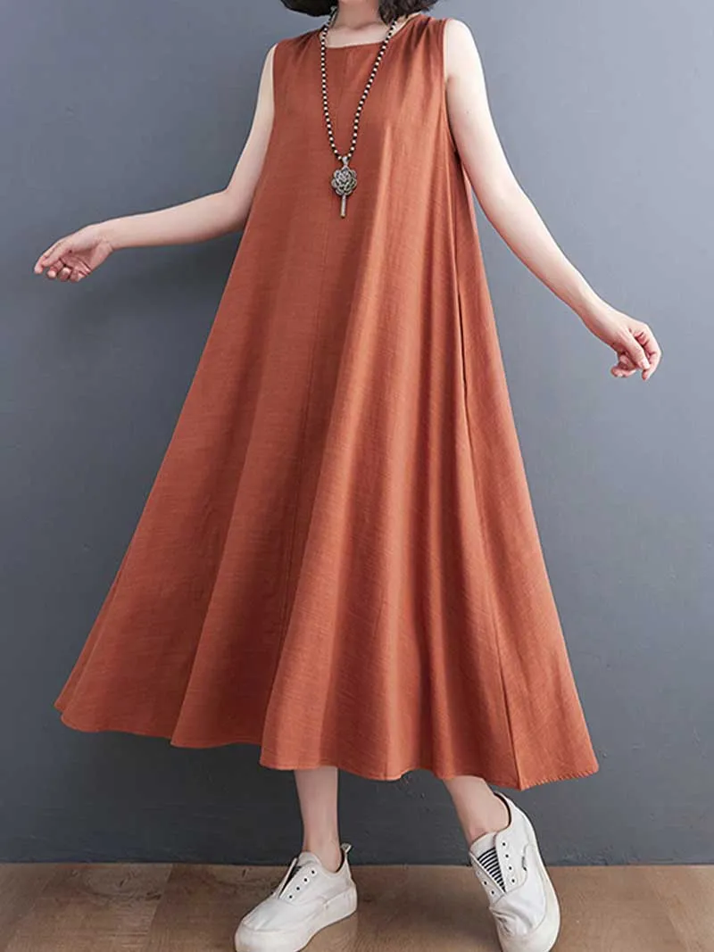 Plain Cotton Round Neck Sleeveless Midi Dress