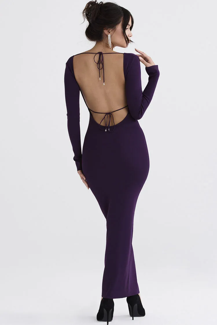 Plunge Neck Cutout Backless Long Sleeve Bodycon Maxi Dress - Purple