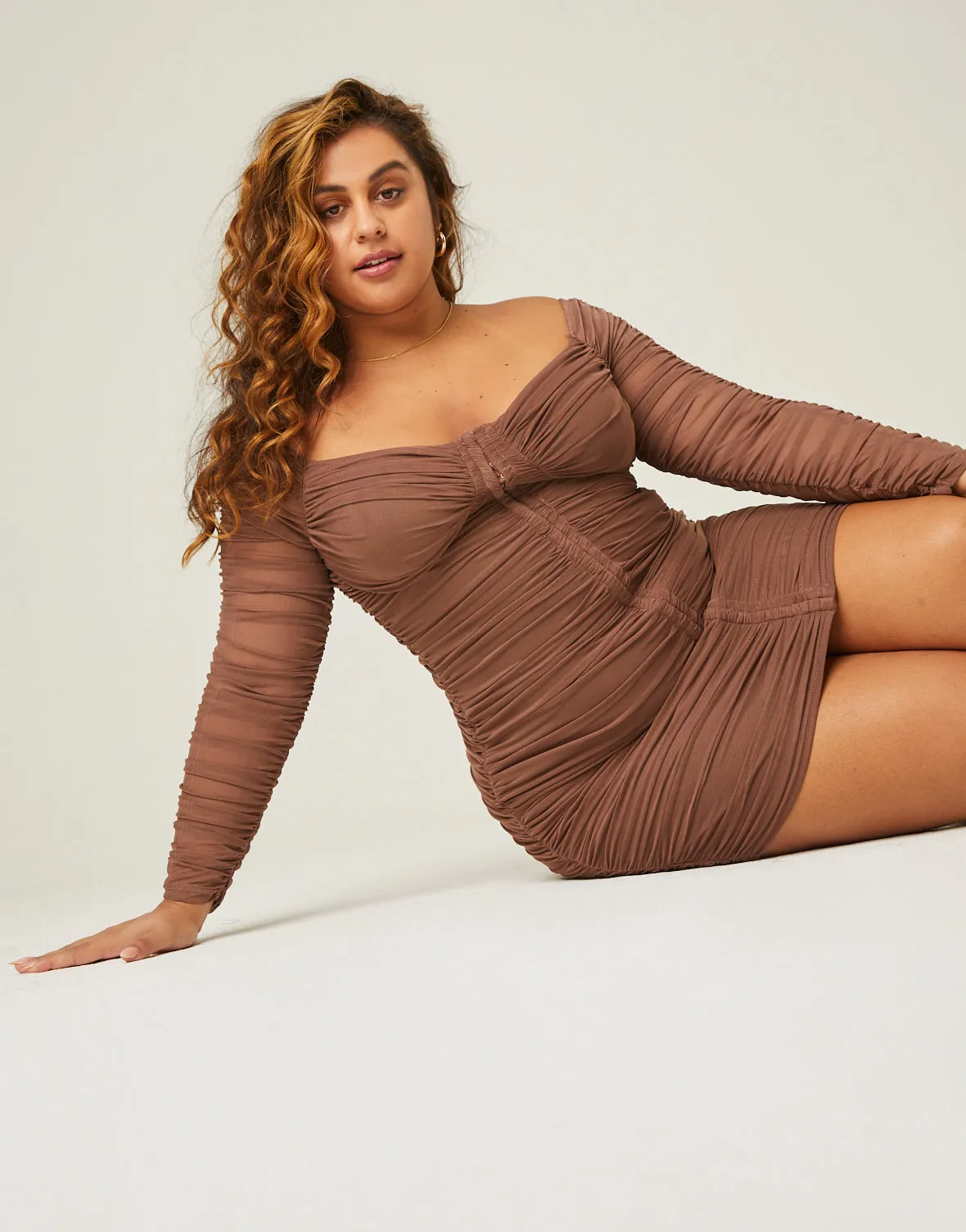 Plus Size Long Sleeve Mesh Ruched Dress