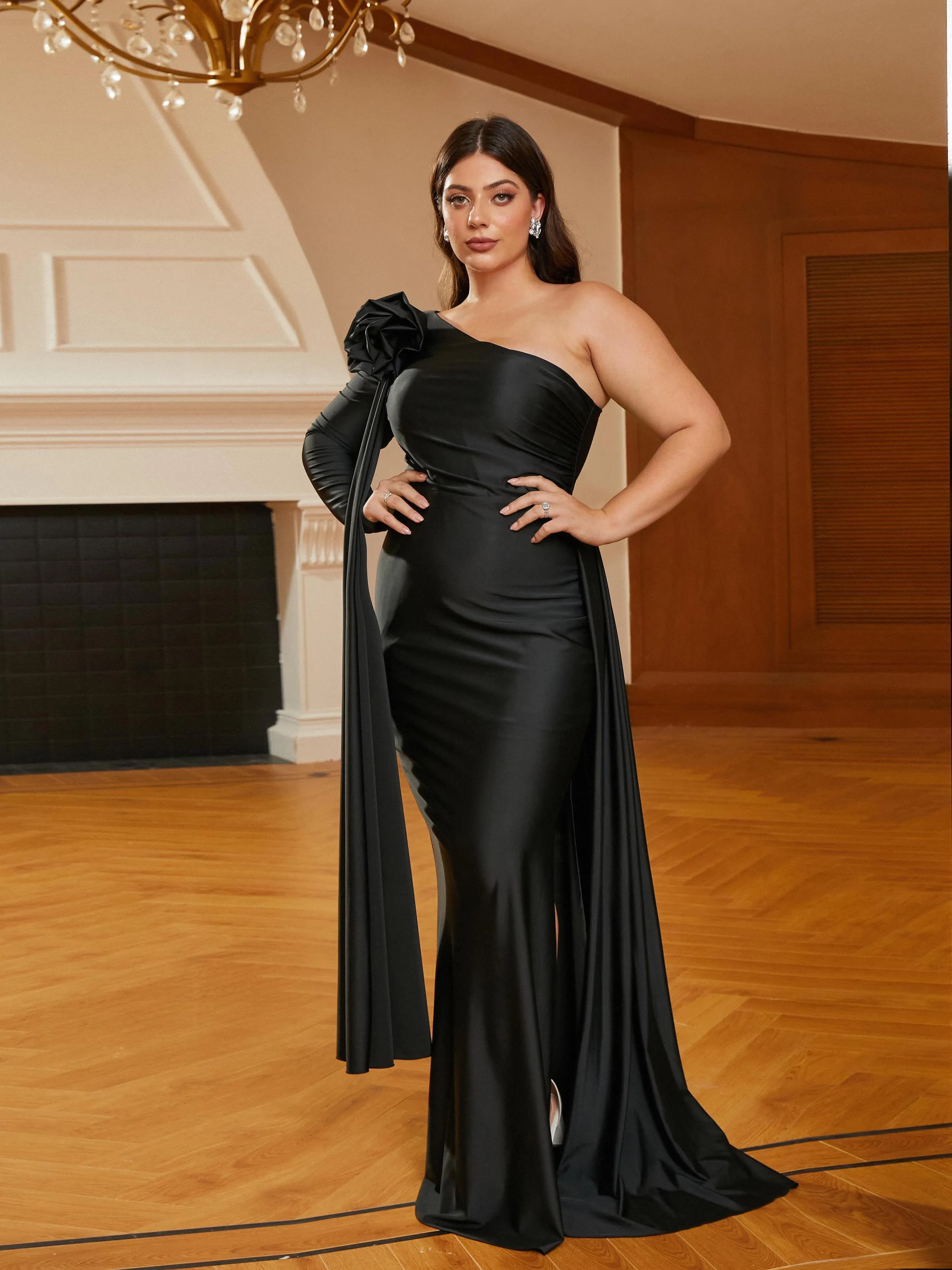 Plus Size One Shoulder Draped Knit Black Formal Dress PRJ10983